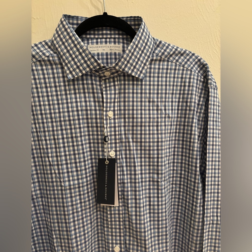 NEW Holderness &‎ Bourne Flynn Mens XL Cotton Long Sleeve Button Up Blue Plaid